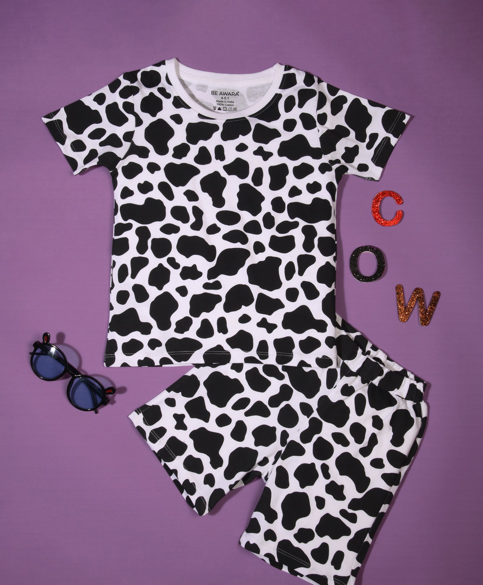 Cow Patch Pattern Half Sleeves T-Shirt & Shorts Set - Be Awara