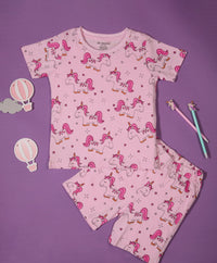 Girls Unicorn Pattern Half Sleeves T-Shirt & Shorts Set