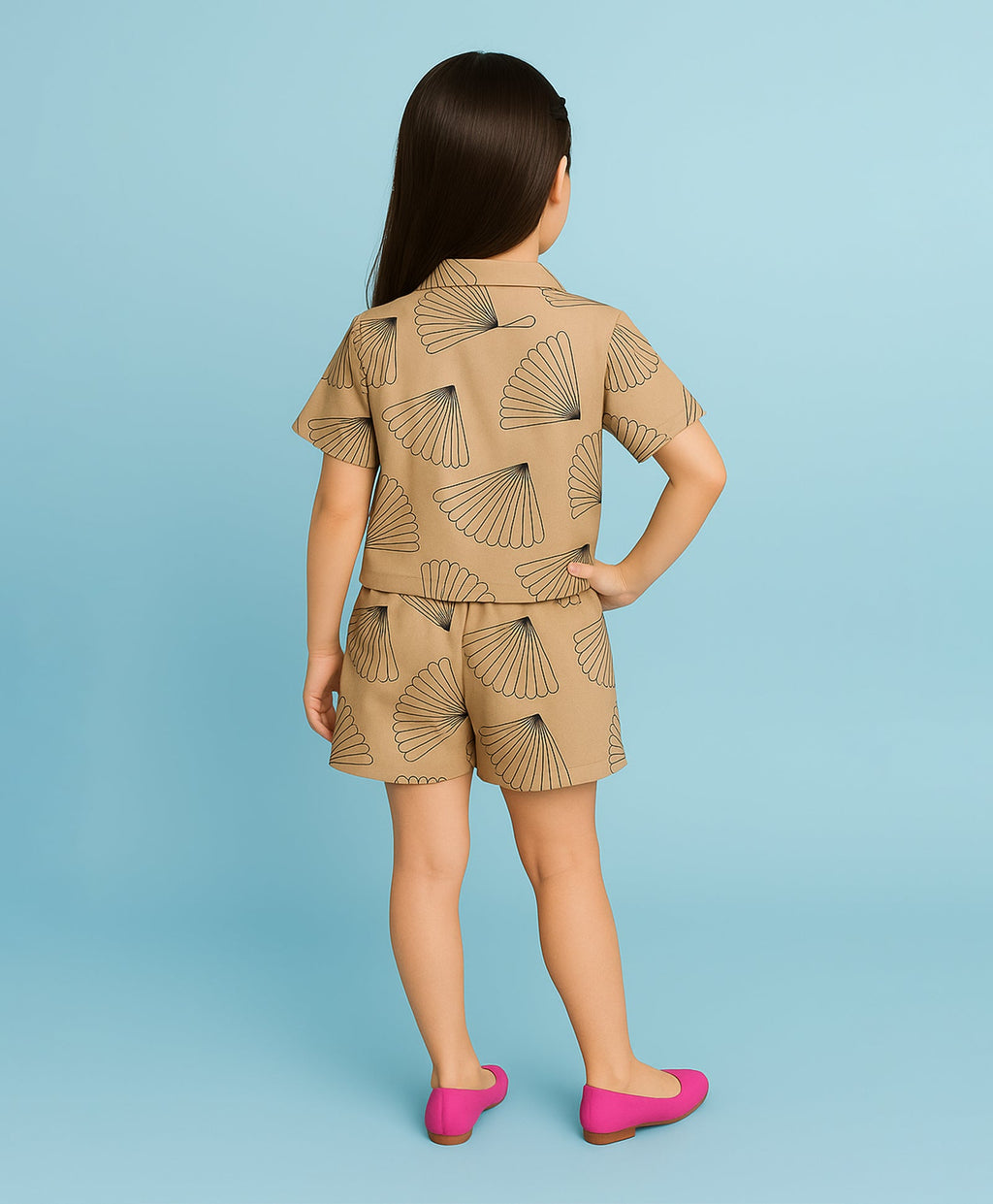 Girls Seashell Print Drop Shoulder Half Sleeves Shirt & Shorts Set