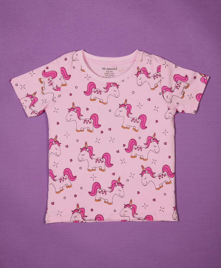 Girls Unicorn Pattern Half Sleeves T-Shirt & Shorts Set