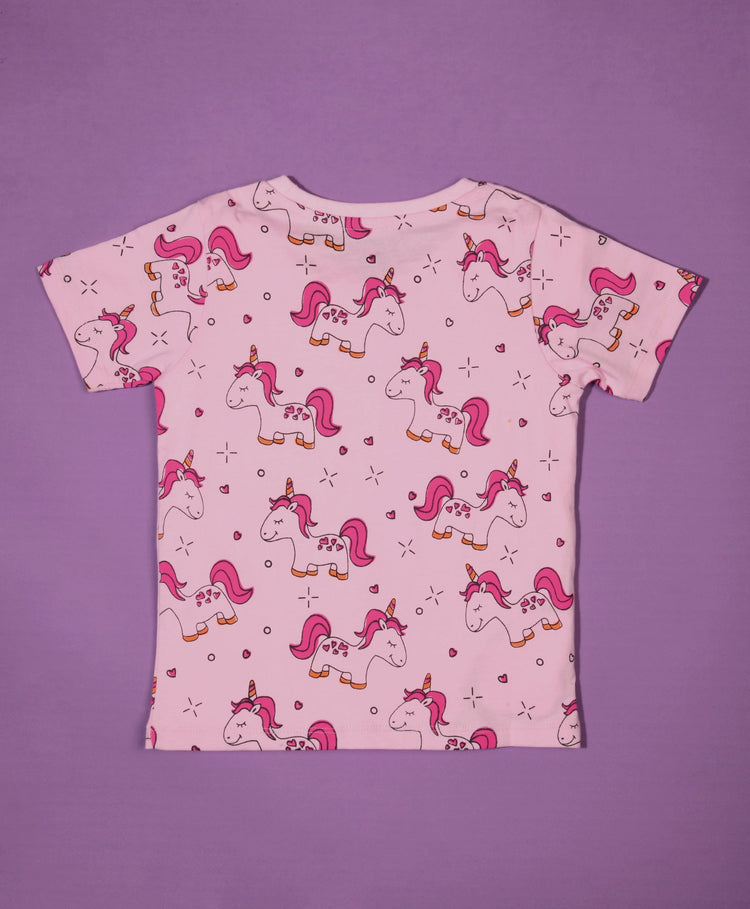 Girls Unicorn Pattern Half Sleeves T-Shirt & Shorts Set