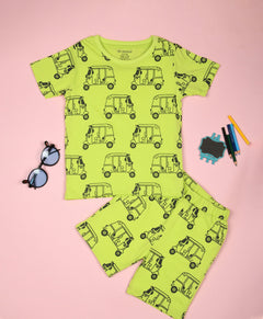 Auto Rickshaw Pattern Half Sleeves T-Shirt & Shorts Set