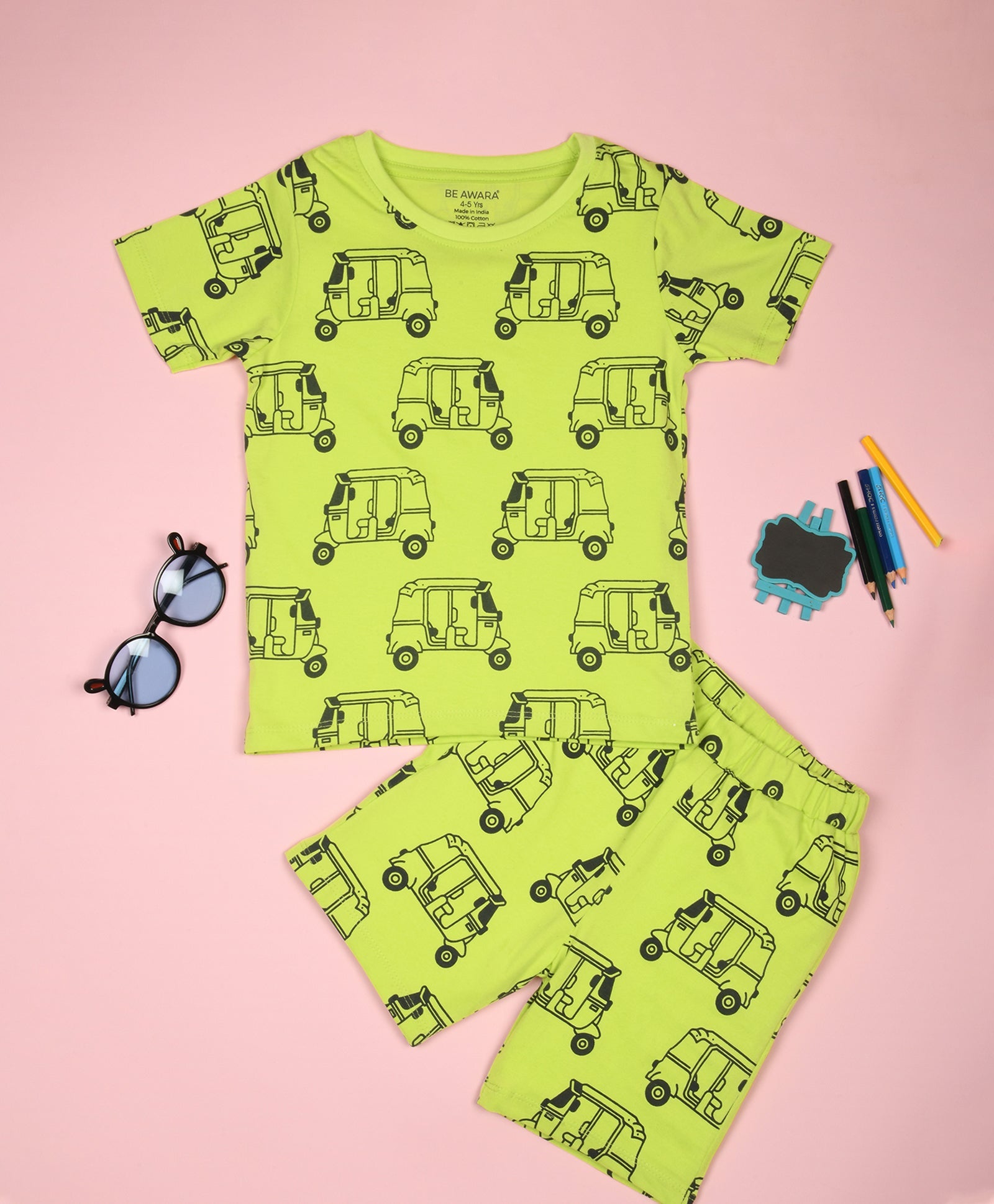 Auto Rickshaw Pattern Half Sleeves T-Shirt & Shorts Set - Be Awara