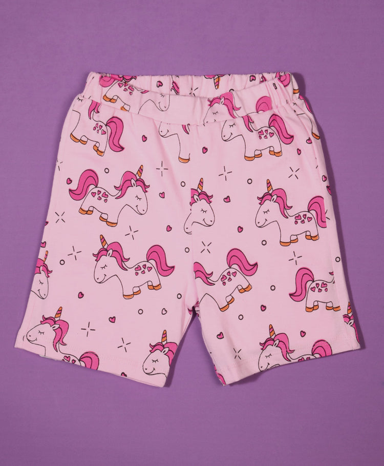 Girls Unicorn Pattern Half Sleeves T-Shirt & Shorts Set
