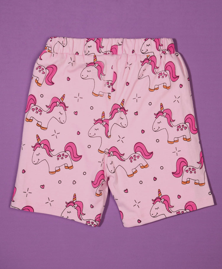 Girls Unicorn Pattern Half Sleeves T-Shirt & Shorts Set