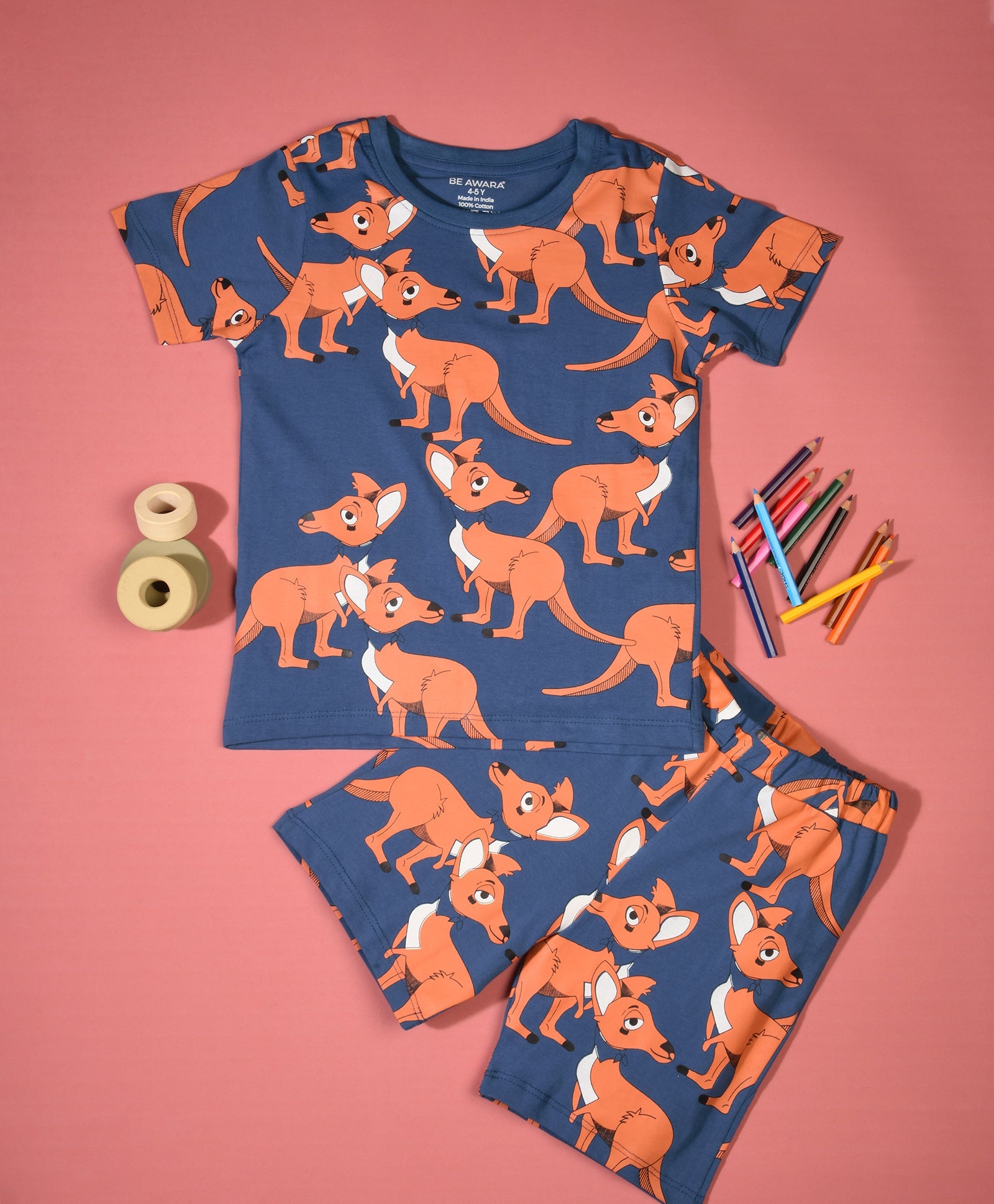 Kangaroo Pattern Half Sleeves T-Shirt & Shorts Set - Be Awara