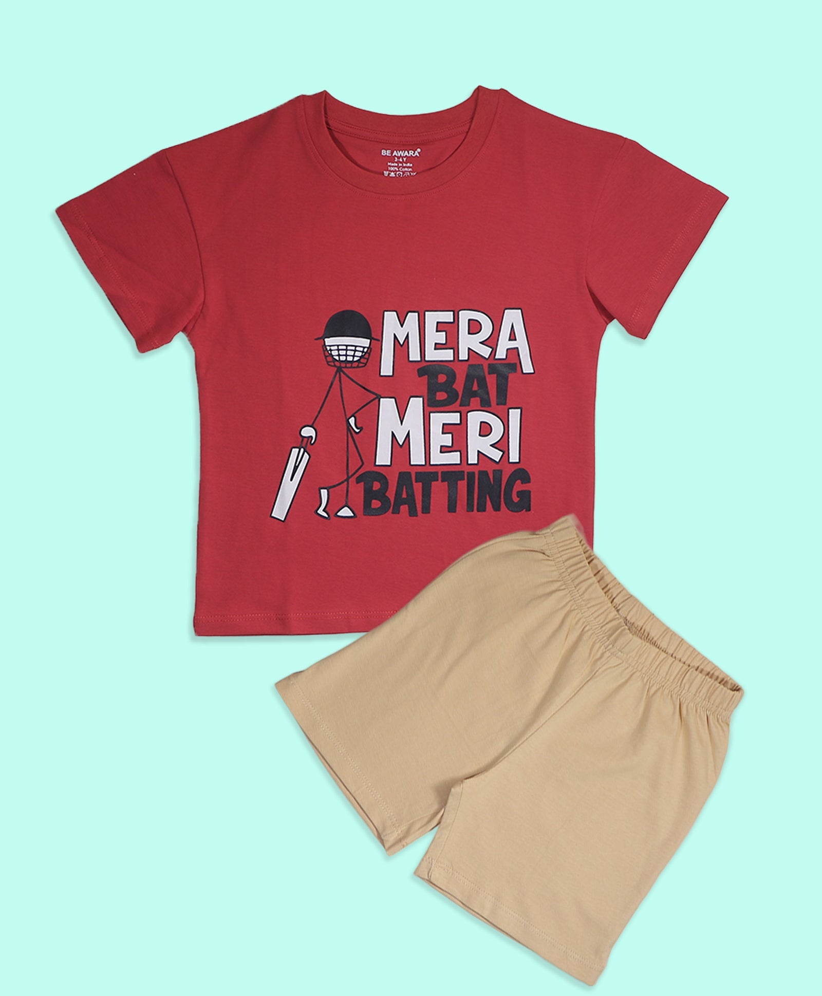 Boys Mera Bat Meri Batting Graphic Print Drop Shoulder T-Shirt & Shorts Set