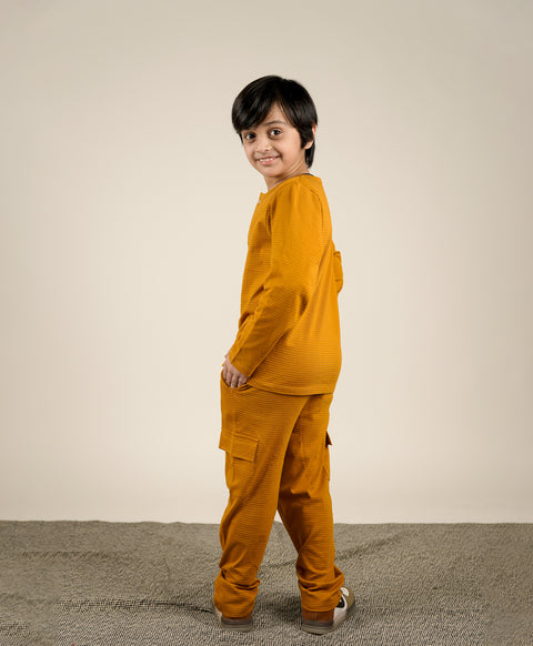 Boys Buckethorm Brown Full Sleeves Henley T-Shirt & Pants Set