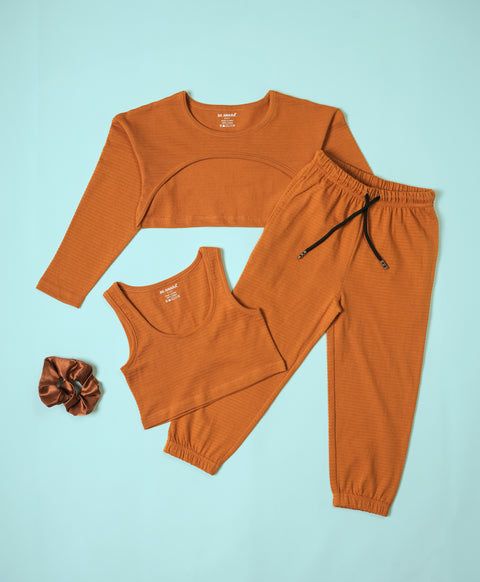 Girls Buckethorm Brown Cami Top & High Low Hem Top & Lounge Pants Set