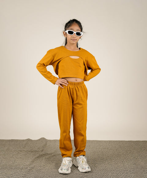 Girls Buckethorm Brown Cami Top & High Low Hem Top & Lounge Pants Set