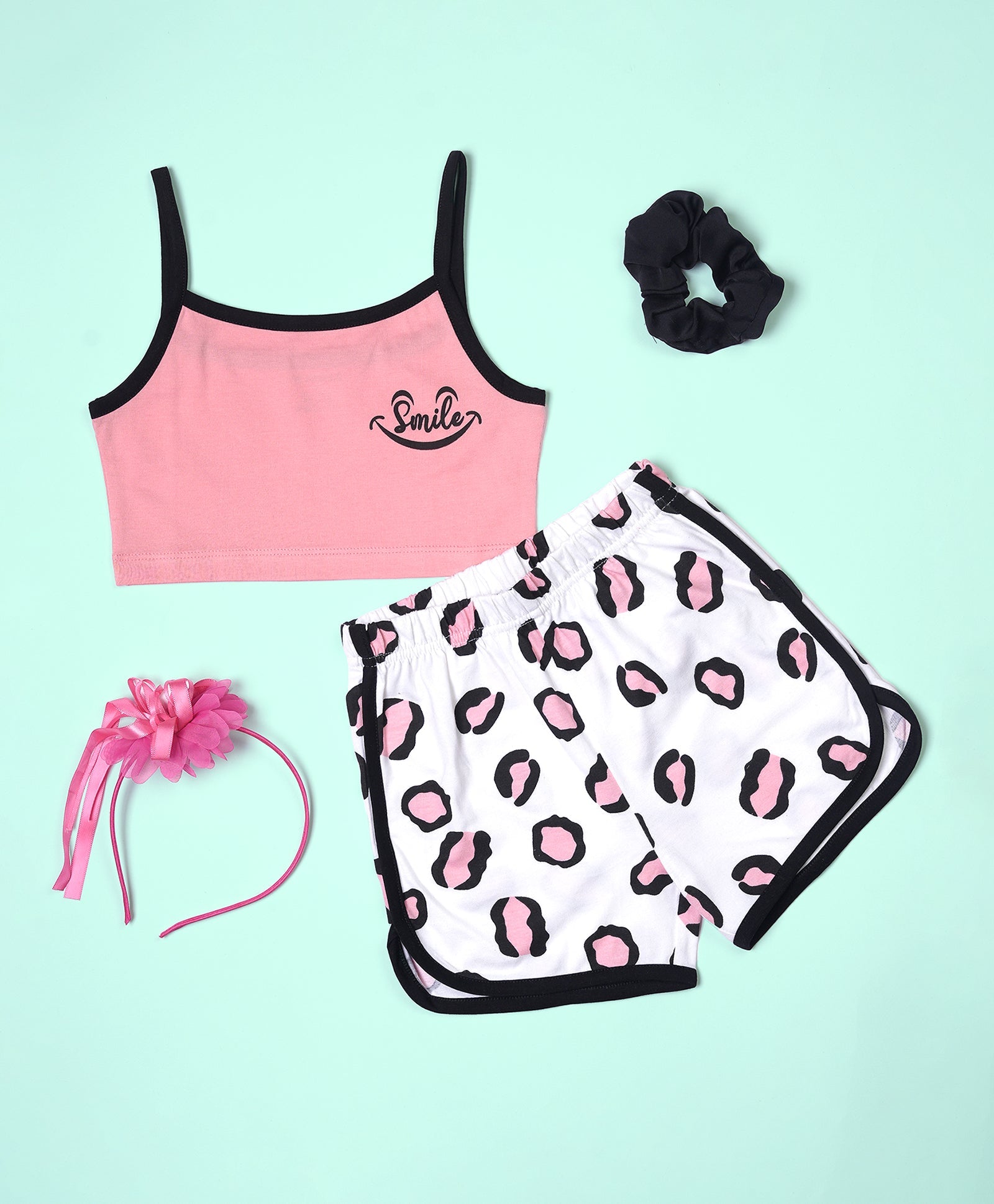 Girls Smile Print Crop Cami Top & Shorts Set
