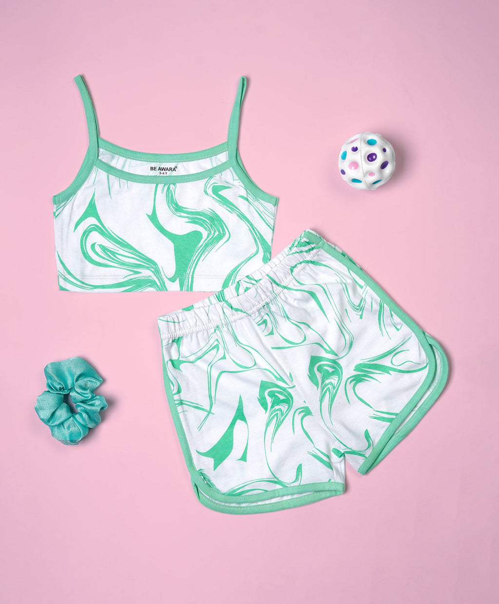 Girls Green Marble Print Crop Cami Top & Shorts Set