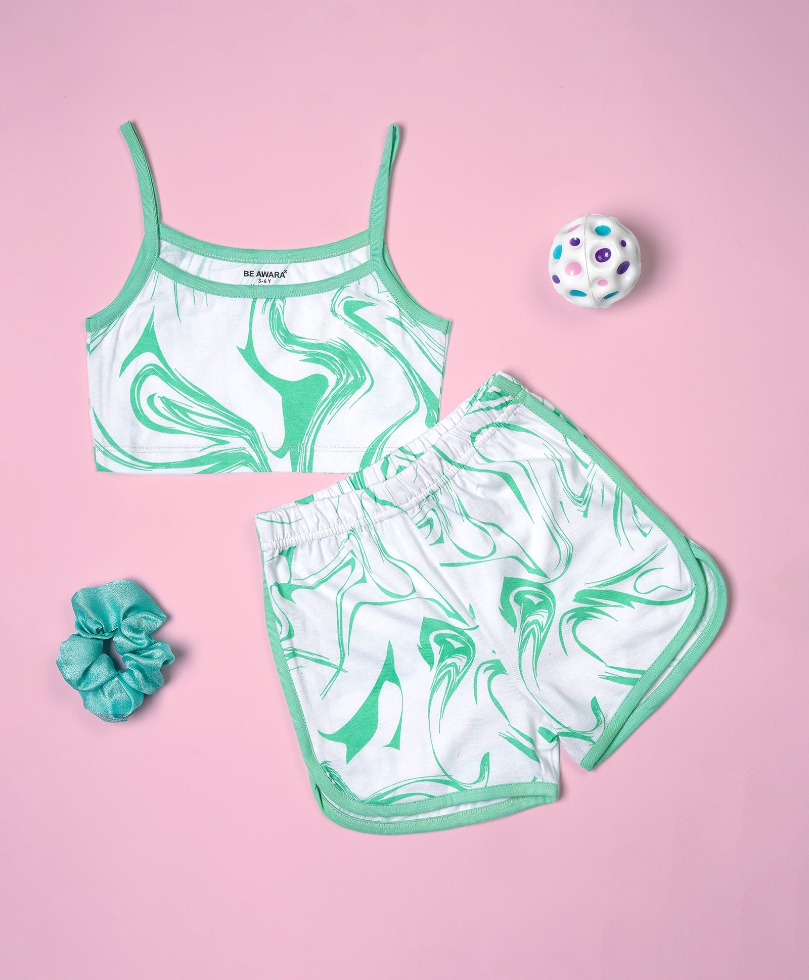 Girls Green Marble Print Crop Cami Top & Shorts Set