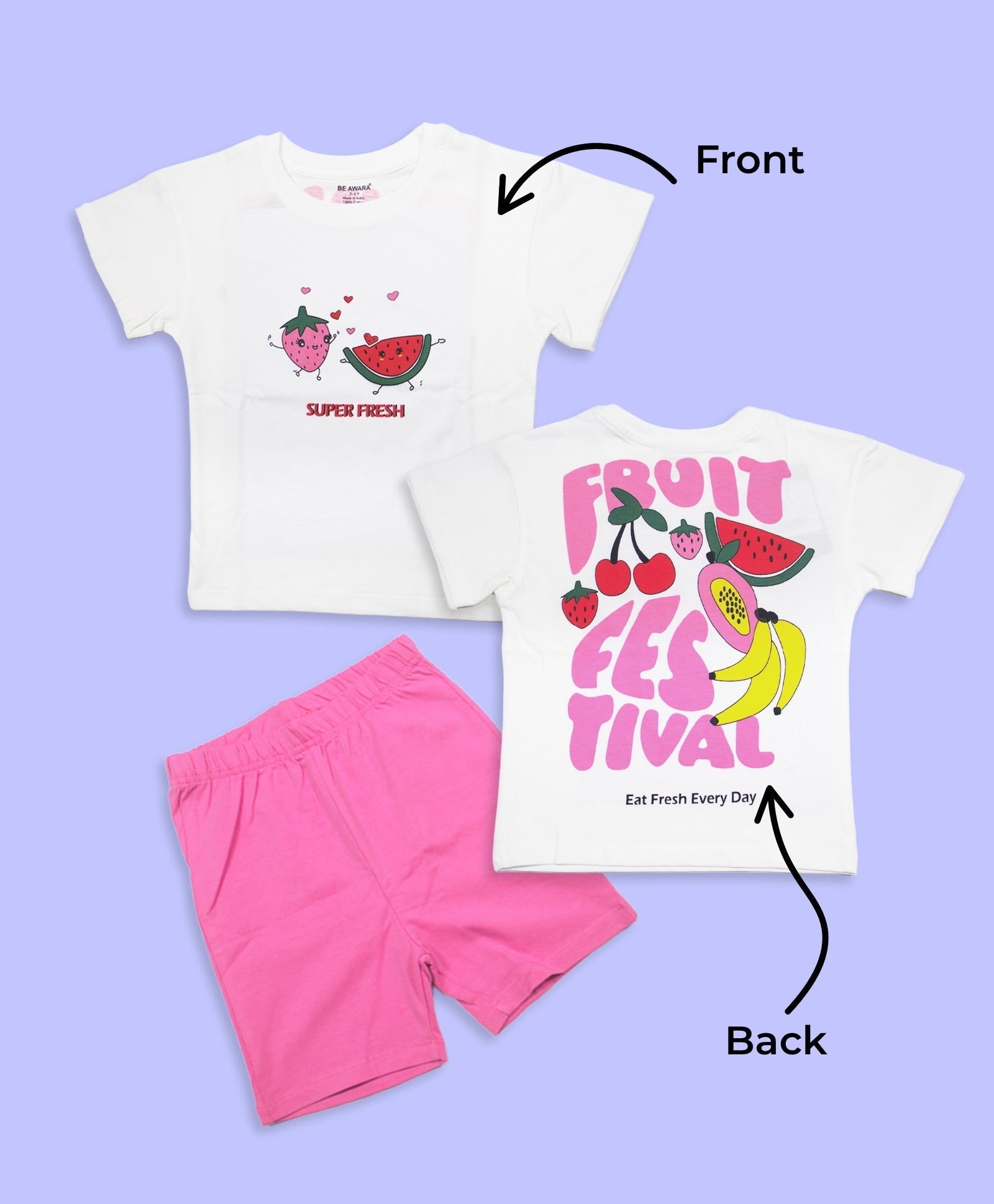 Girls Fruit Graphic Print Drop Shoulder T-Shirt & Cycling Shorts Set