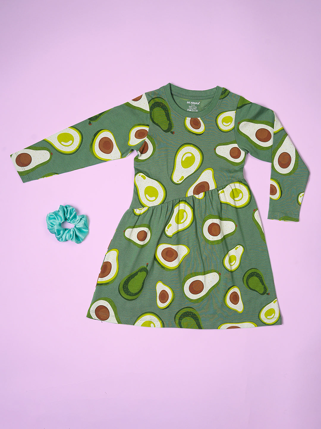 Girls Avocado Pattern Full Sleeves Fit & Flared Slanting Hem Dress
