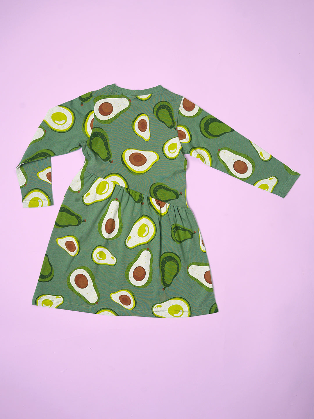 Girls Avocado Pattern Full Sleeves Fit & Flared Slanting Hem Dress