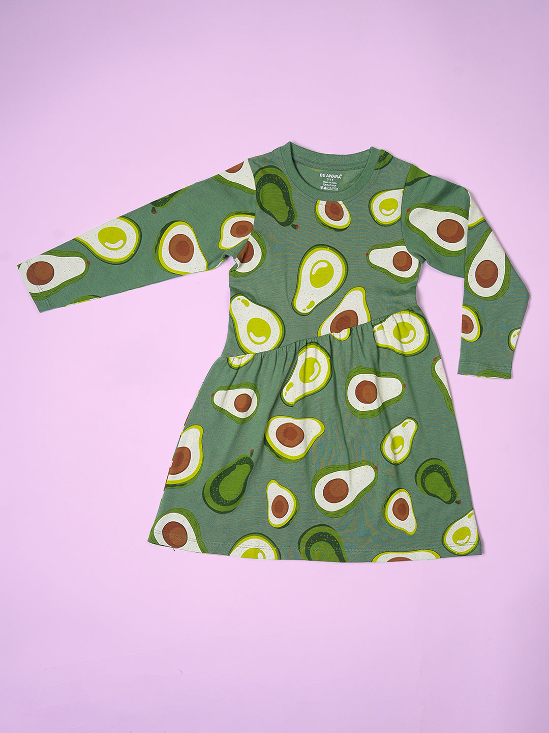 Girls Avocado Pattern Full Sleeves Fit & Flared Slanting Hem Dress