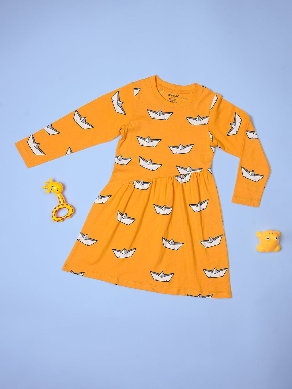 Girls Boat Pattern Full Sleeves Fit & Flared Slanting Hem Dress