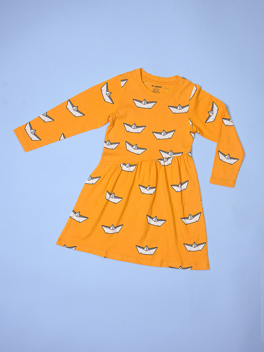 Girls Boat Pattern Full Sleeves Fit & Flared Slanting Hem Dress
