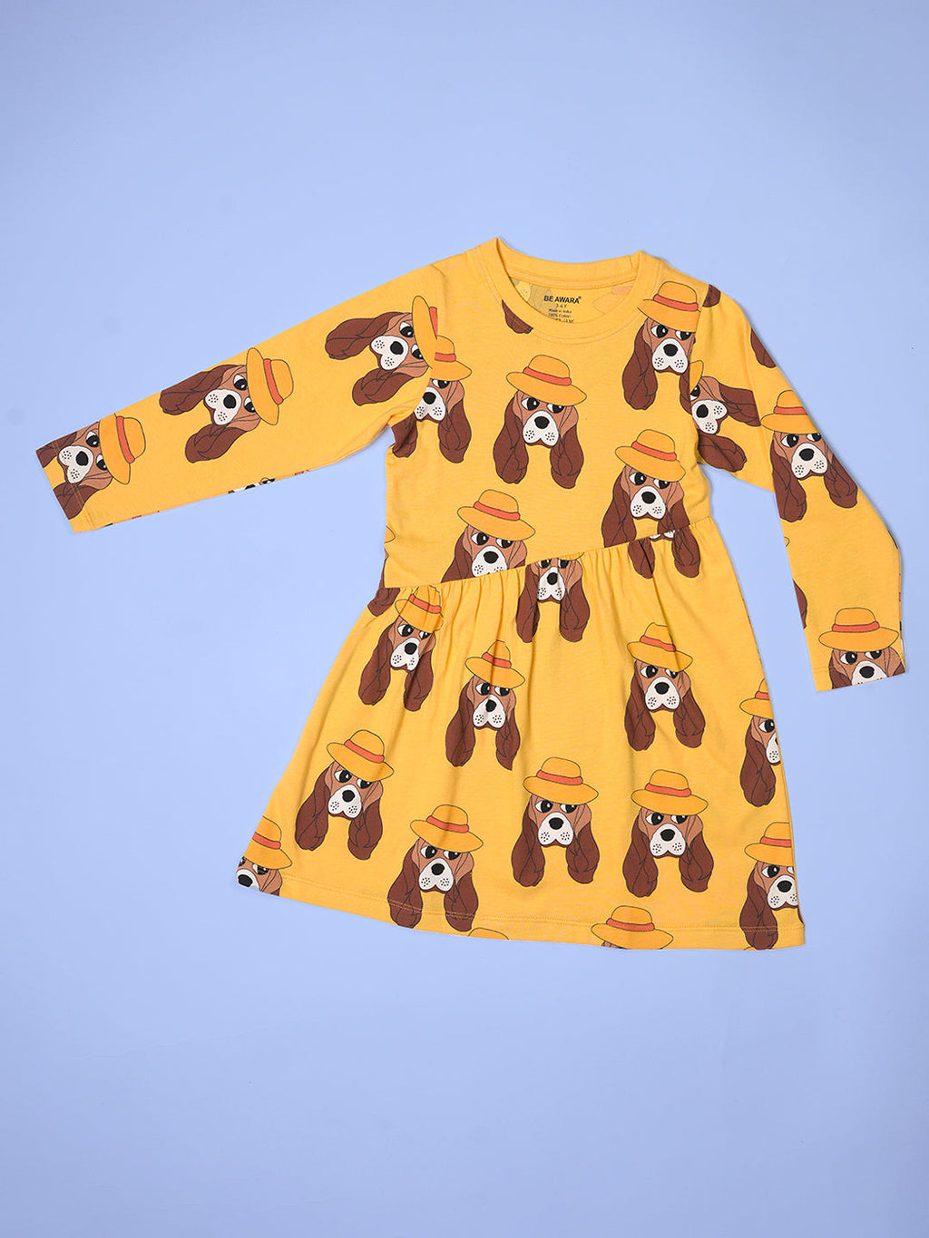 Girls Doggie Pattern Full Sleeves Fit & Flared Slanting Hem Dress