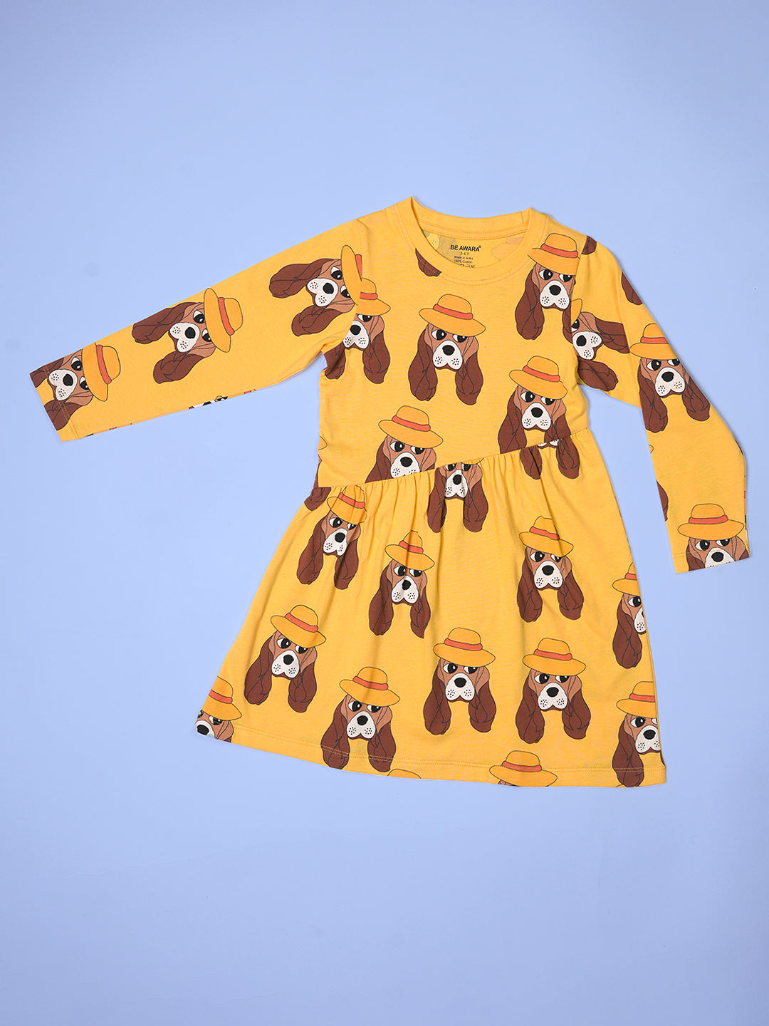 Girls Doggie Pattern Full Sleeves Fit & Flared Slanting Hem Dress