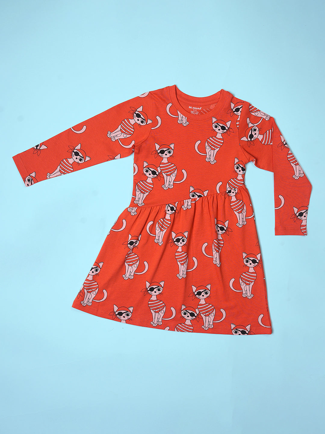 Girls Piracat Pattern Full Sleeves Fit & Flared Slanting Hem Dress
