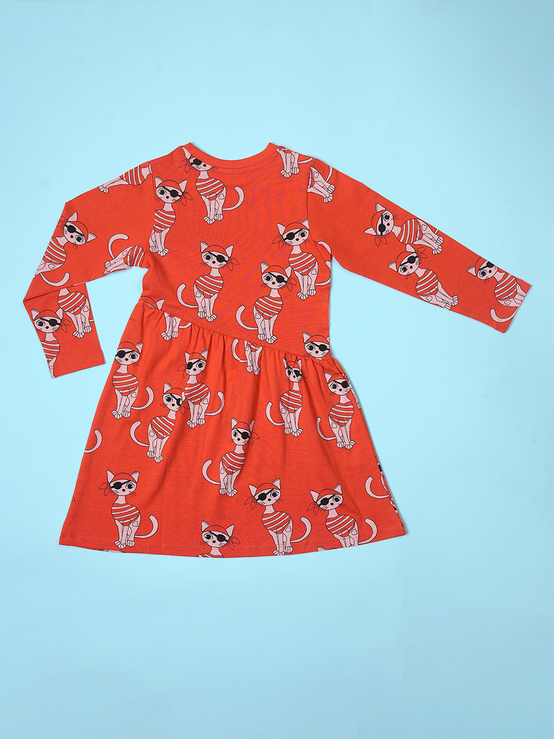 Girls Piracat Pattern Full Sleeves Fit & Flared Slanting Hem Dress