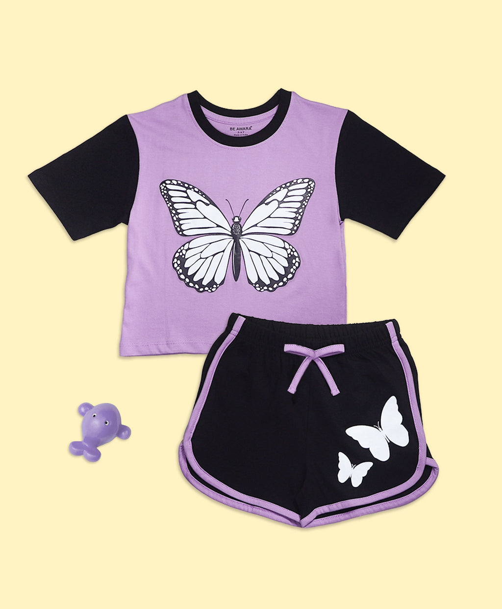 Girls Color Block Butterfly Graphic Print Oversized T-Shirt & Binding Shorts Set