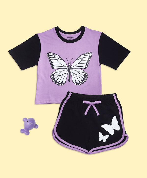 Girls Color Block Butterfly Graphic Print Oversized T-Shirt & Binding Shorts Set