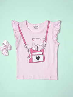 Girls Cute Cat Print Ruffle Trim Flared Sleeves Top