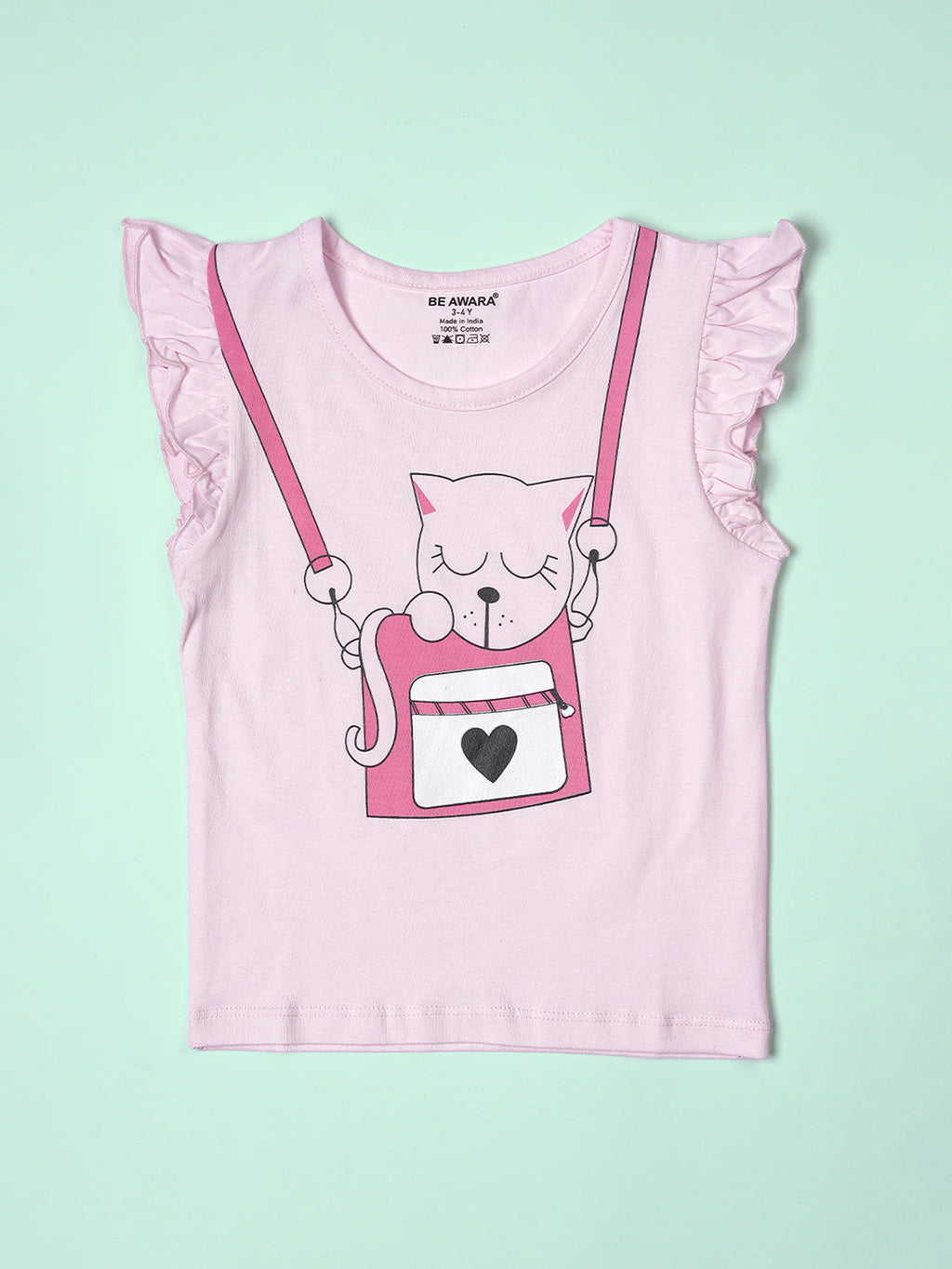 Girls Cute Cat Print Ruffle Trim Flared Sleeves Top