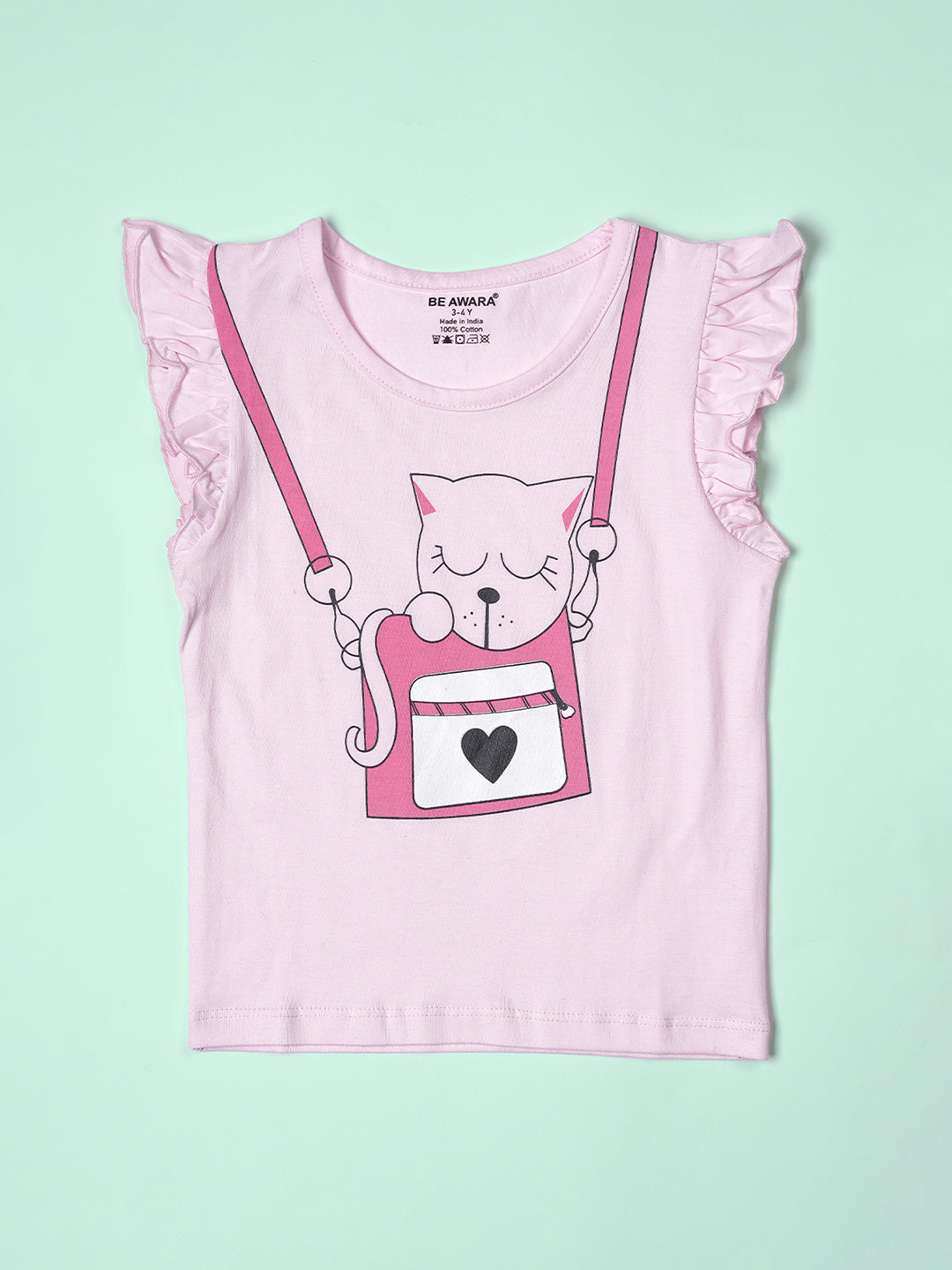 Girls Cute Cat Print Ruffle Trim Flared Sleeves Top