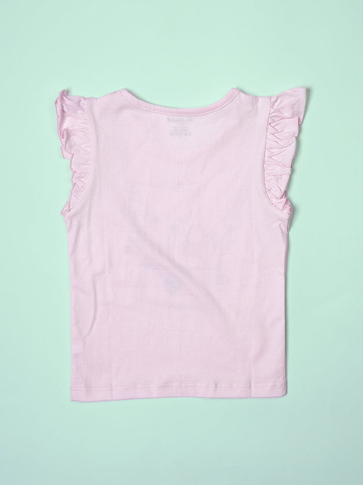 Girls Cute Cat Print Ruffle Trim Flared Sleeves Top