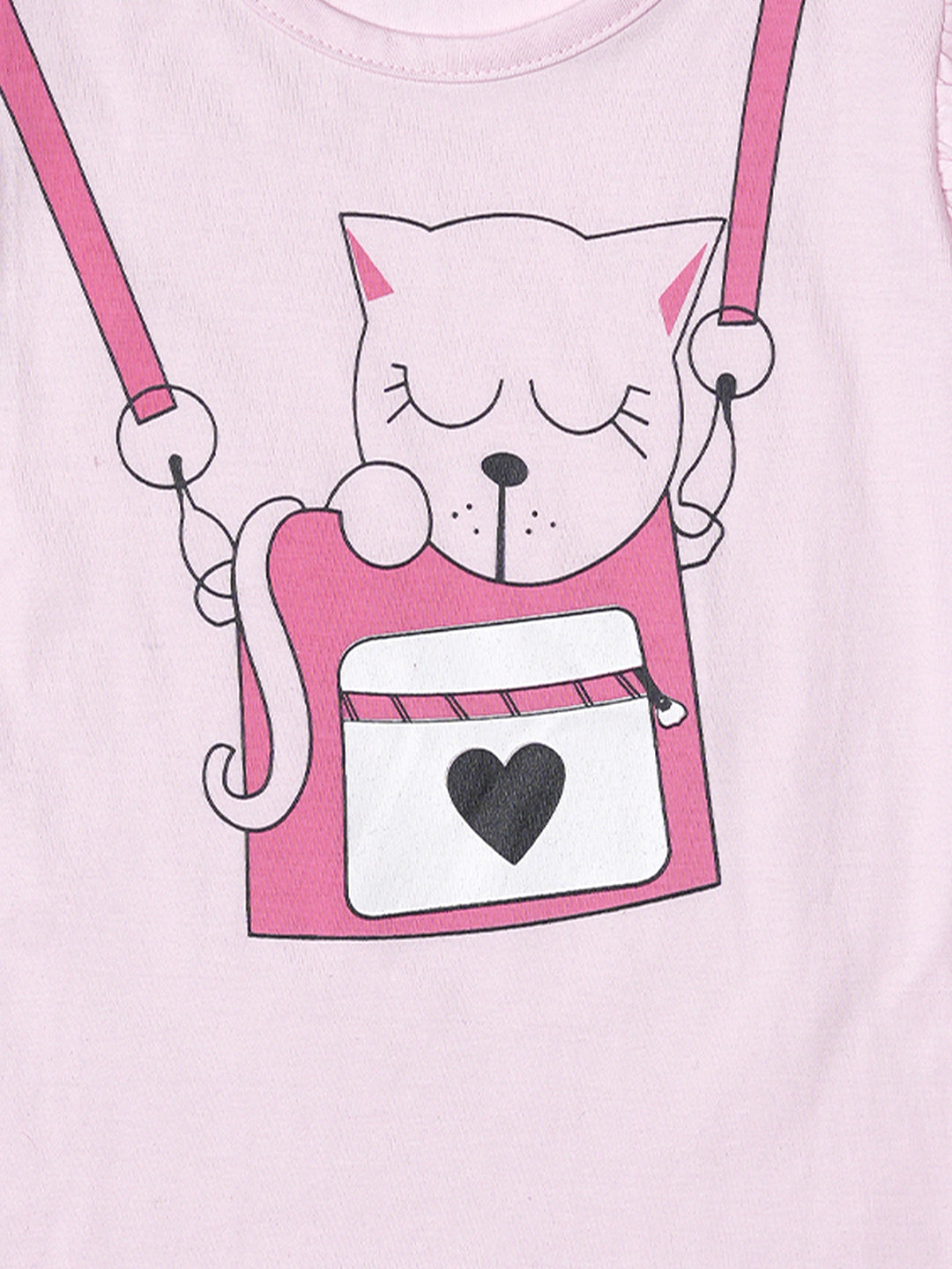 Girls Cute Cat Print Ruffle Trim Flared Sleeves Top