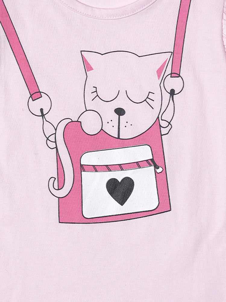 Girls Cute Cat Print Ruffle Trim Flared Sleeves Top