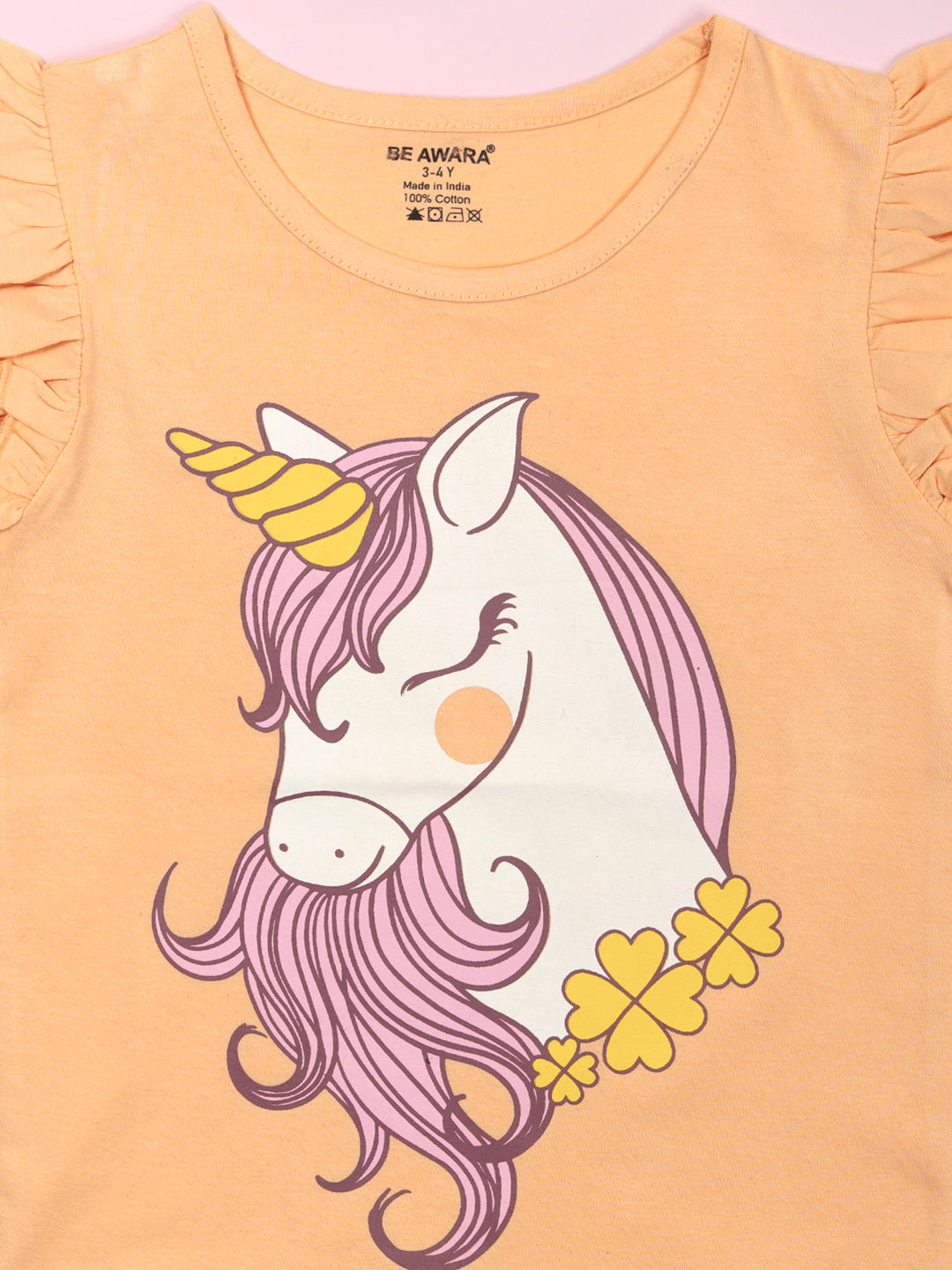 Girls Unicorn Print Ruffle Trim Flared Sleeves Top