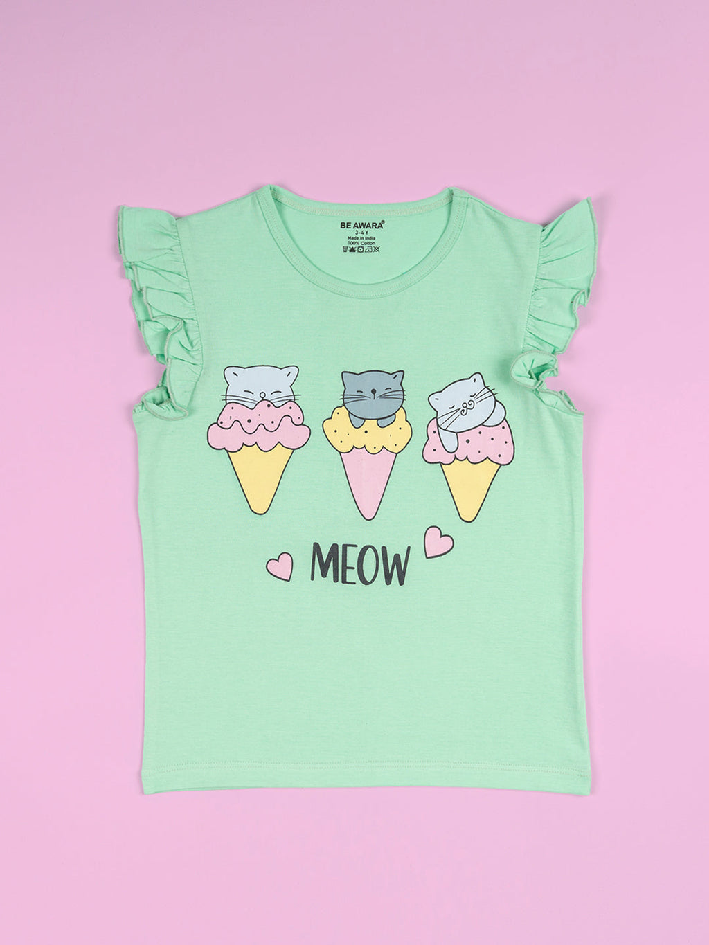 Girls Meow Print Ruffle Trim Flared Sleeves Top