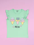 Girls Meow Print Ruffle Trim Flared Sleeves Top