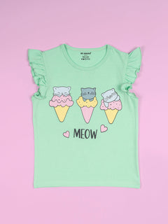 Girls Meow Print Ruffle Trim Flared Sleeves Top