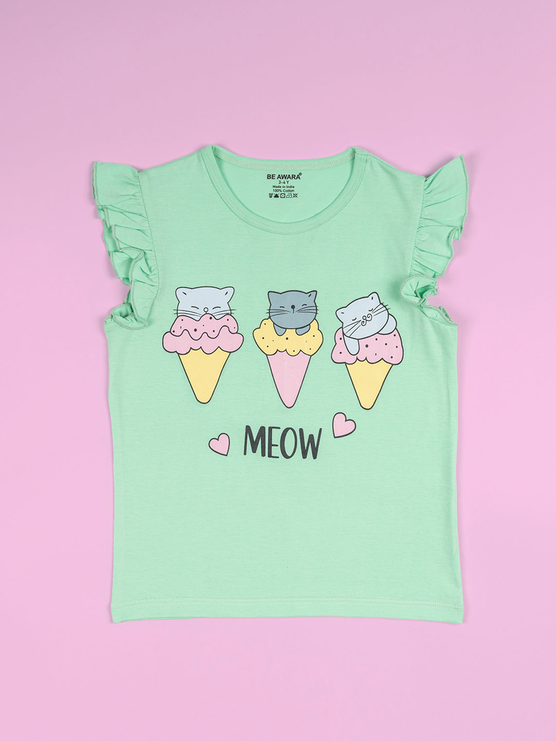Girls Meow Print Ruffle Trim Flared Sleeves Top