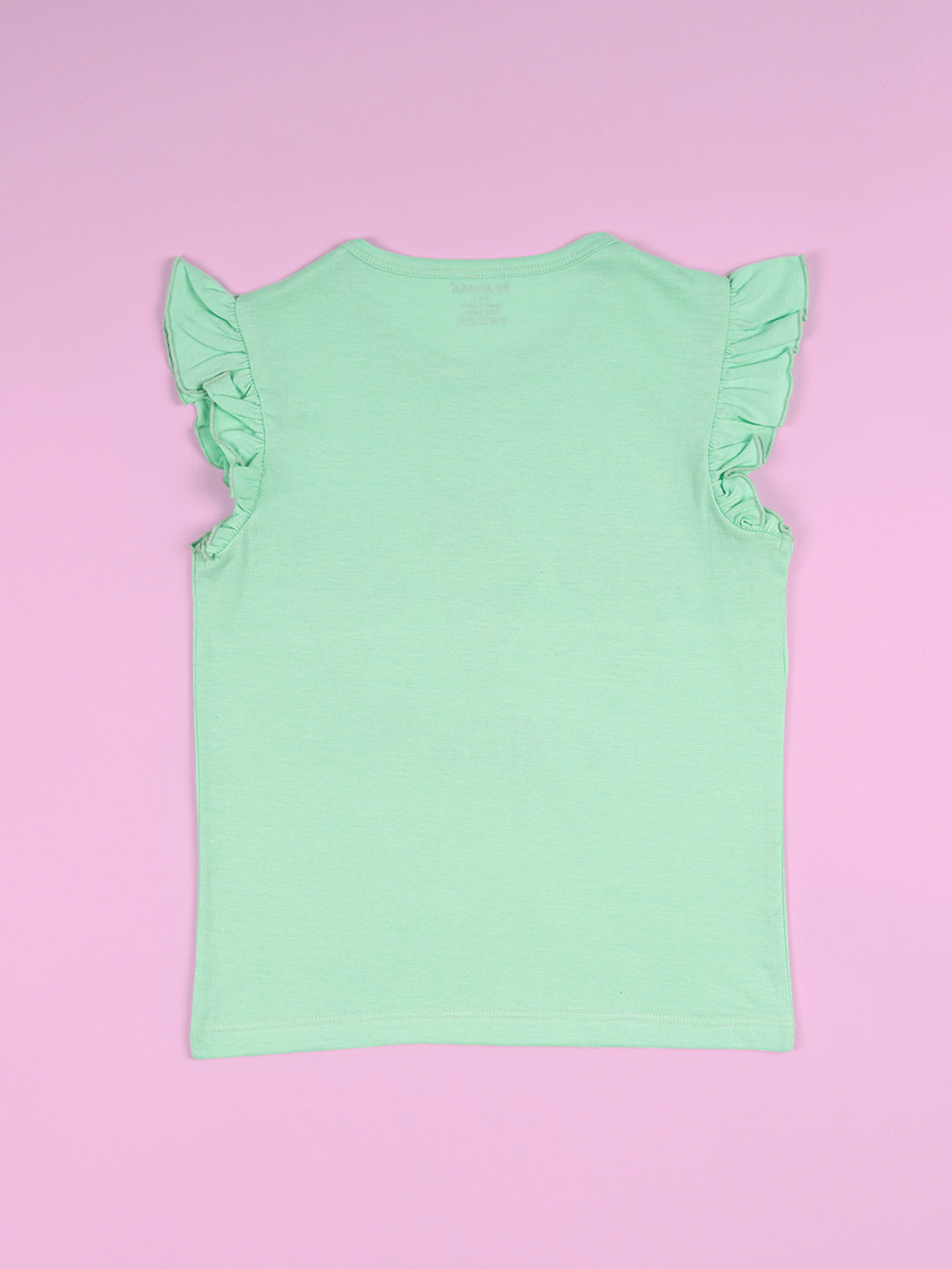 Girls Meow Print Ruffle Trim Flared Sleeves Top