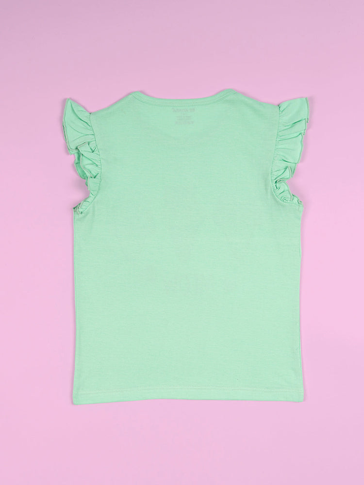 Girls Meow Print Ruffle Trim Flared Sleeves Top