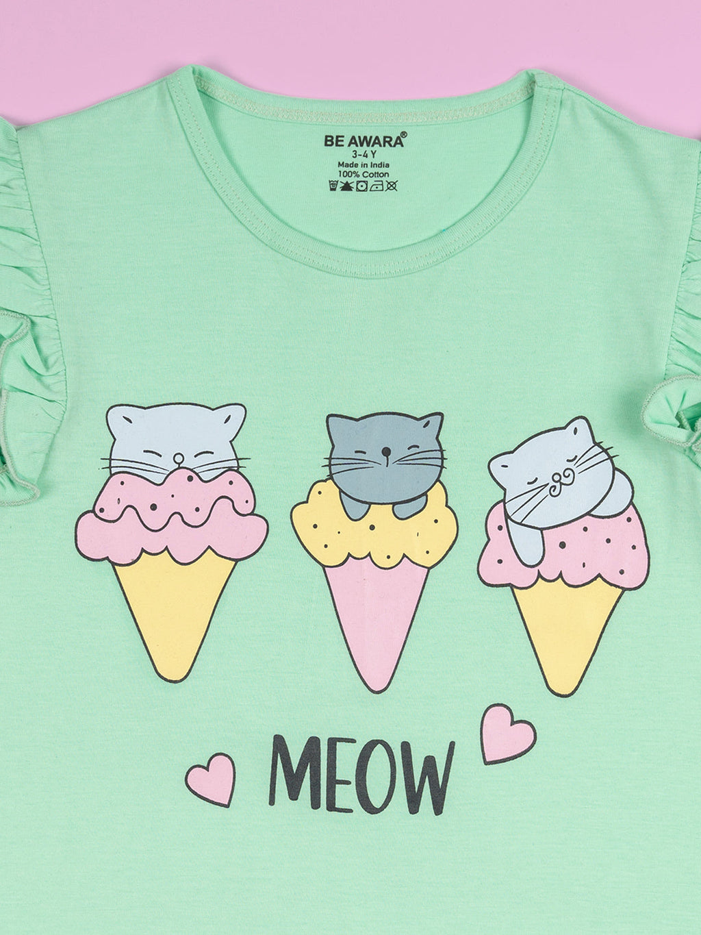 Girls Meow Print Ruffle Trim Flared Sleeves Top