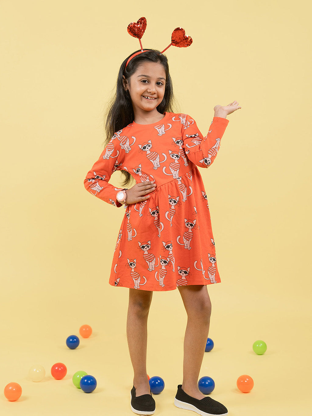 Girls Piracat Pattern Full Sleeves Fit & Flared Slanting Hem Dress
