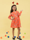 Girls Piracat Pattern Full Sleeves Fit & Flared Slanting Hem Dress