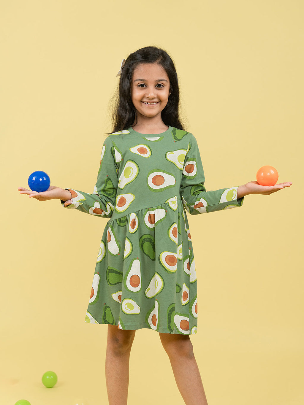 Girls Avocado Pattern Full Sleeves Fit & Flared Slanting Hem Dress