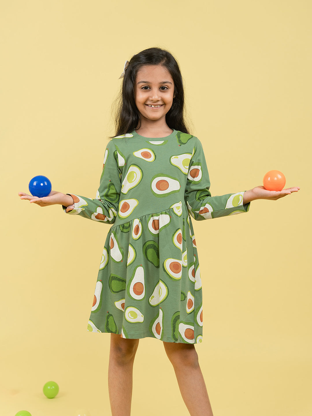 Girls Avocado Pattern Full Sleeves Fit & Flared Slanting Hem Dress