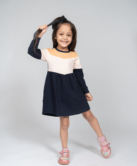 Girls Multi Tone Colorblock Fit & Flared Dress