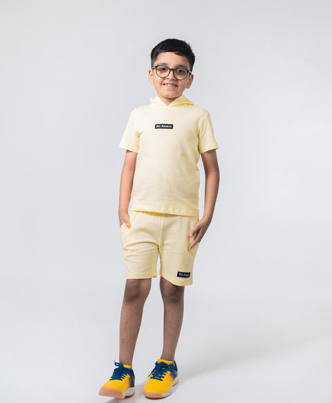 Boys Tender Yellow Half Sleeves Hoodie T-Shirt & Shorts Set