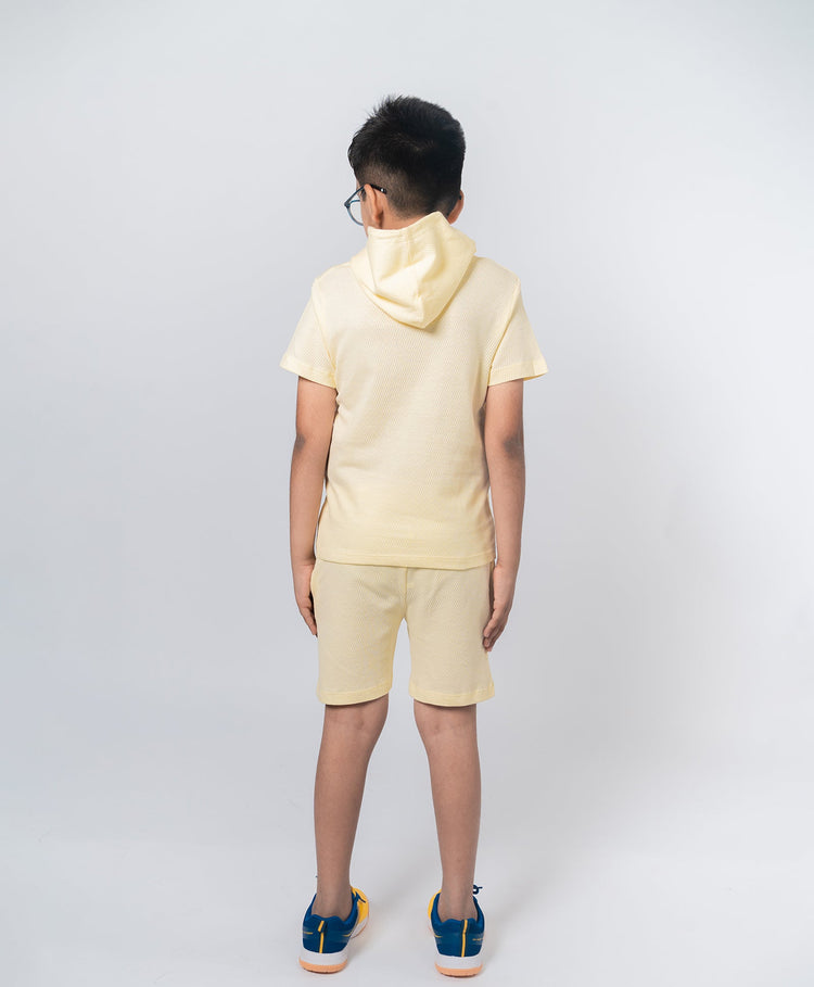 Boys Tender Yellow Half Sleeves Hoodie T-Shirt & Shorts Set